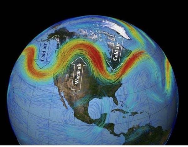 A diagram showing the weakening Arctic jet stream, and subsequent movements of warm and cold air. NASA Image