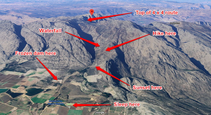 3D map of the Matroosberg Nature Reserve, the reserve is 2 hours’ drive from Cape Town. Source Google maps Image