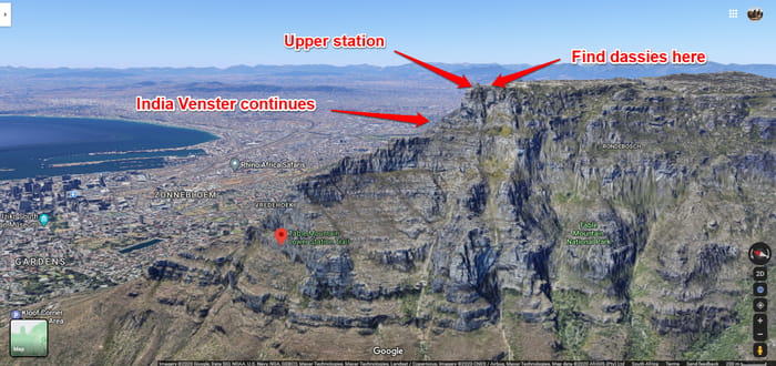The upper section of the India Venster trail, rounds around the base of the station. Source: Google Maps Image