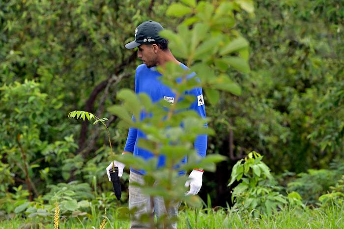 Regionan Alves, Restoration team, Reserva Ecológica de Guapiaçu (REGUA); RJ; Brazil, 2022. © Adriano Gambarini / WWF-US Restoration team WWF Brazil planting trees