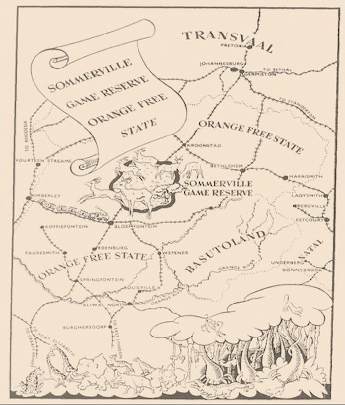 A historical map of the Sommerville Game Reserve, situated in the northwestern “Orange” Free State. historical map of the Sommerville Game Reserve